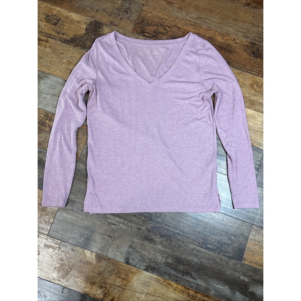 Falls Creek Womens Lilac Purple Ribbed V-Neck Long Sleeve Top Size Large